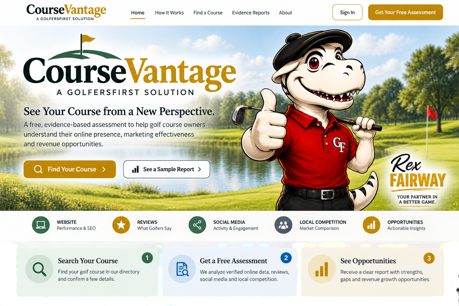CourseVantage. See Your Course from a New Perspective. Rex Fairway in his red GF polo on a lakeside golf course. A free, evidence-based assessment to help golf course owners understand their online presence, marketing effectiveness and revenue opportunities.