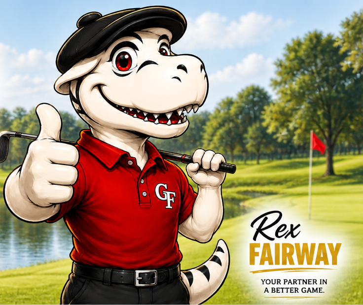 Rex Fairway, your partner in a better game, wearing his approved red GF polo, black cap and pants